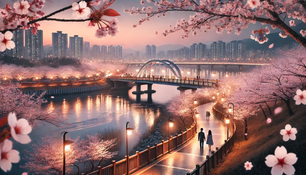세종밤문화-분홍빛 벚꽃이 흐드러지게 핀 세종시의 저녁 공원