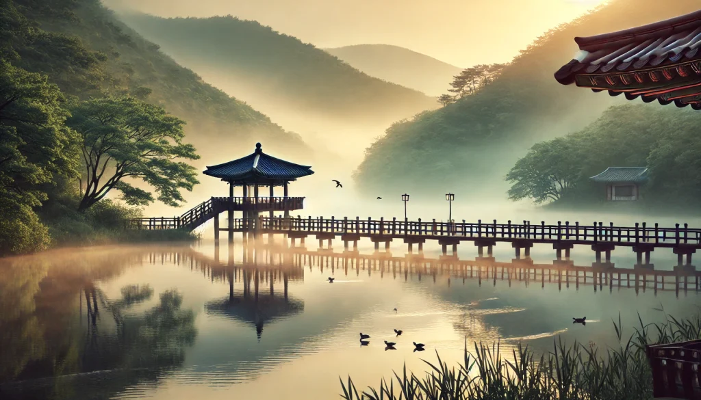 세종 출장 마사지와 명상에 필요한 호숫가 아침 풍경, 안개가 깔린 평화로운 아침 풍경