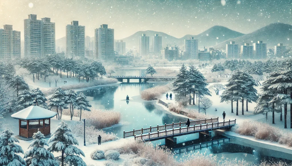 세종 마사지샵 근처 눈내린 공원과 평화로운 겨울 풍경